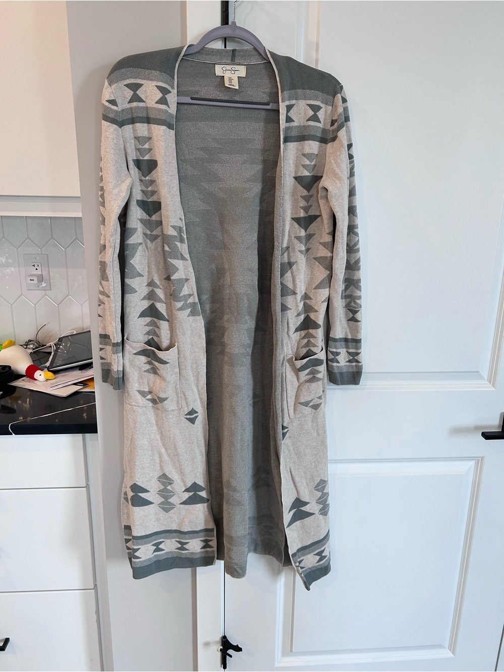 Jessica Simpson Long Open Front Tribal Geometric Cardigan Sweater Boho Aztec